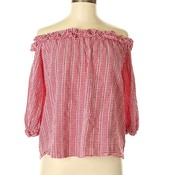 Very J red gingham off the shoulder top - Picture 2 of 6